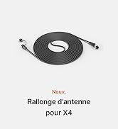 Le texte se lit comme suit : « Rallonge d'antenne pour X4 ». Appareil noir en forme de disque circulaire avec point de montage central représenté sous plusieurs angles.