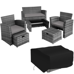 Canapé 2 fauteuils table avec couvercle de protection en verre Coussins tabourets avec espace de rangement