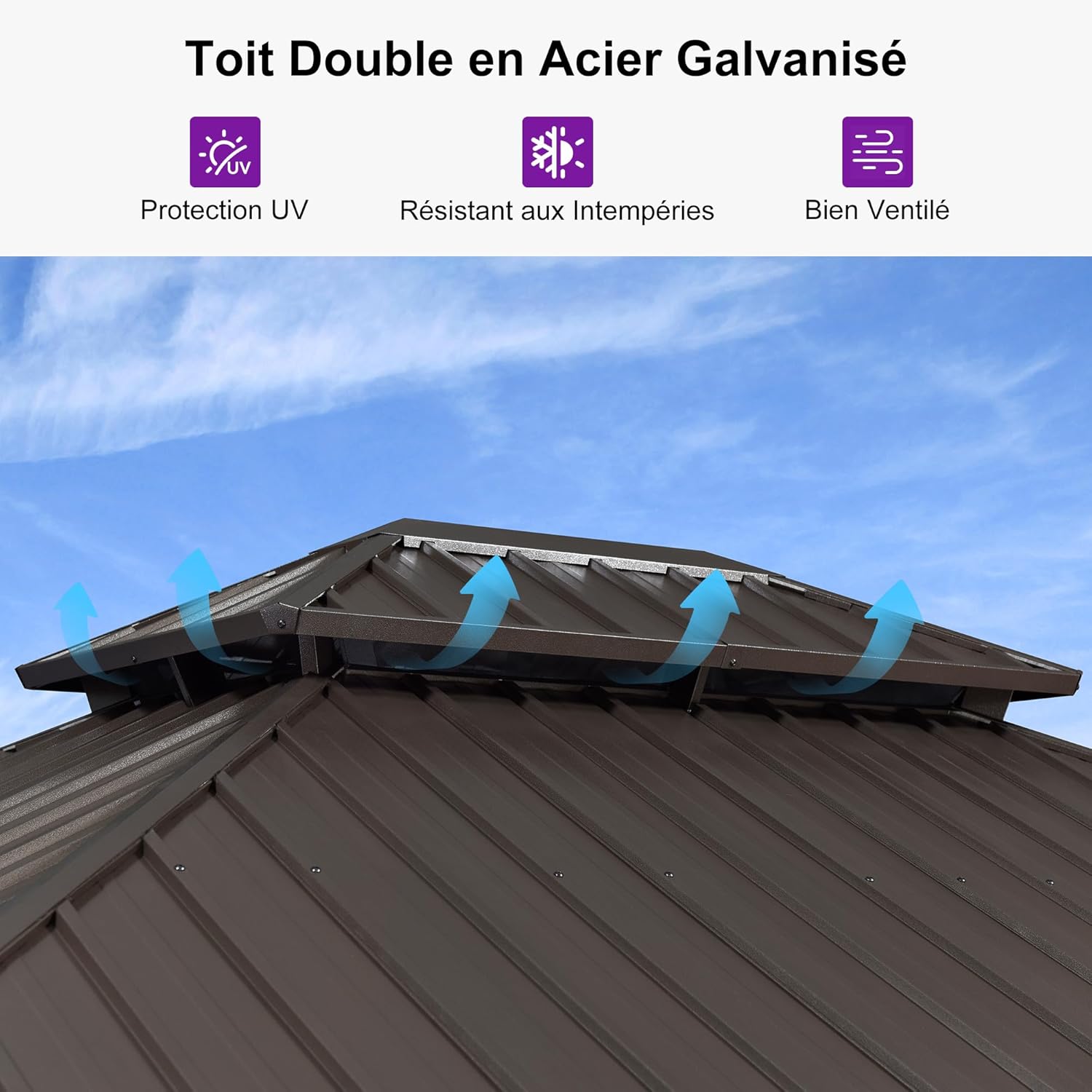 PURPLE LEAF - Pergola Jardin Double Toit 6x3,65m, alu, moustiquaire