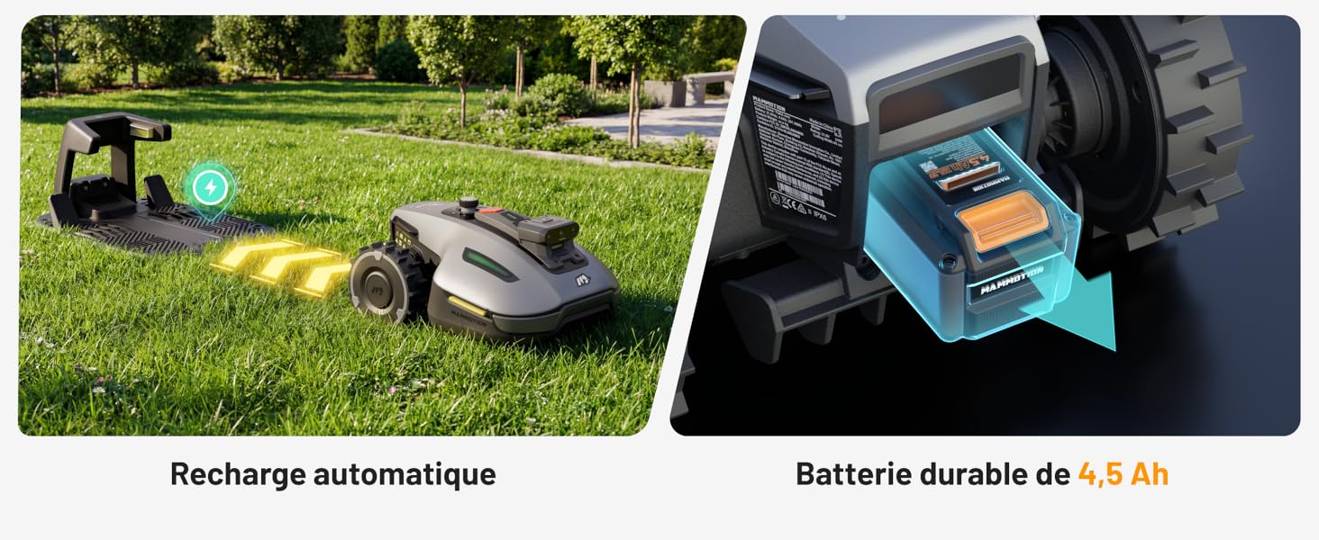 Le texte indique « Recharge automatique » et « Batterie durable de 12 V ». Image divisée montrant une tondeuse à gazon robotisée dans l'herbe et un composant de batterie technique.