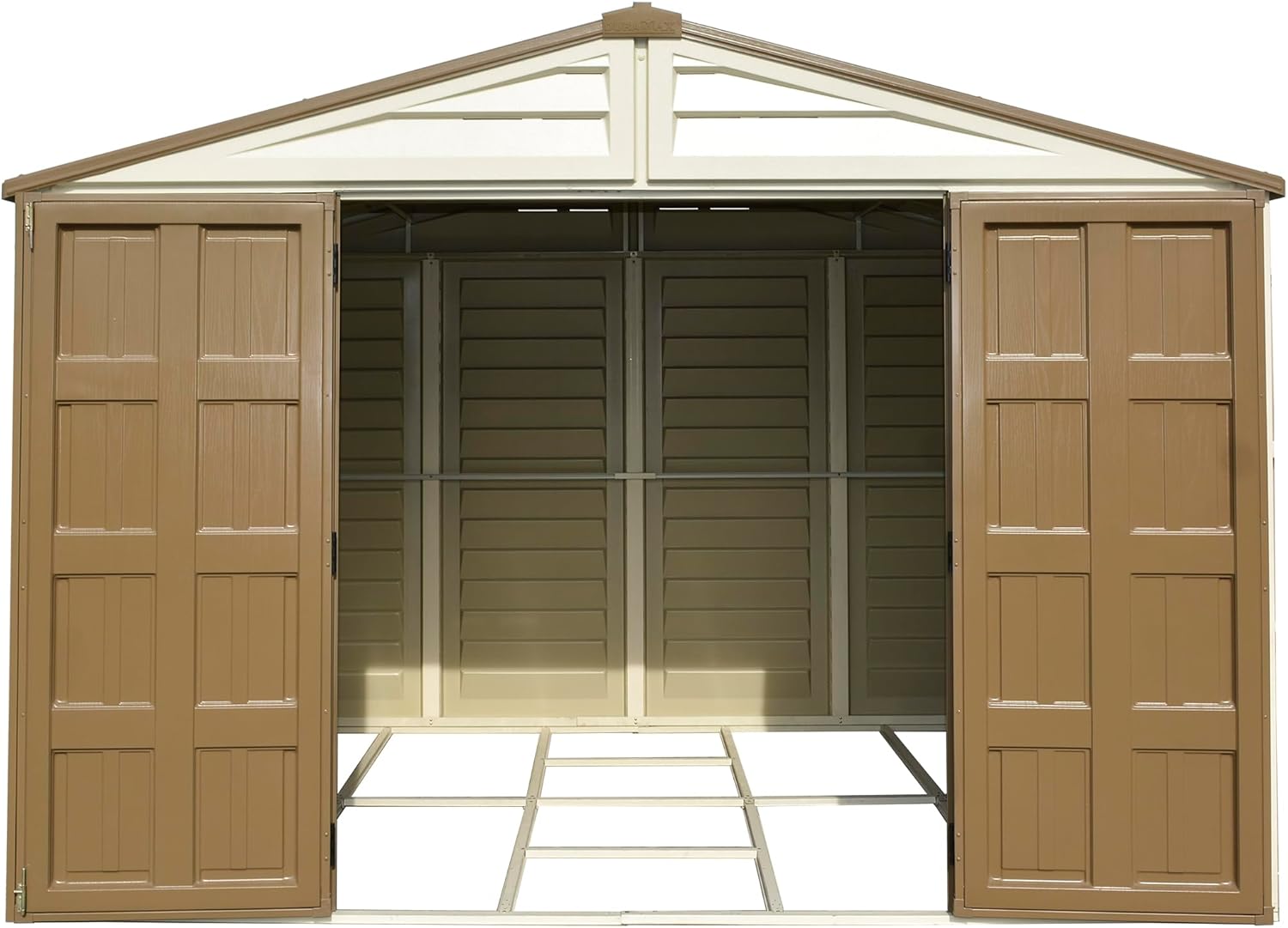Abri de jardin en plastique Plus 10 x 8 (7.64 m²) avec 1 fenêtre fixe et kit de fondation en métal, structure de toit en métal robuste et abri de jardin sans entretien - Ivory/Brown