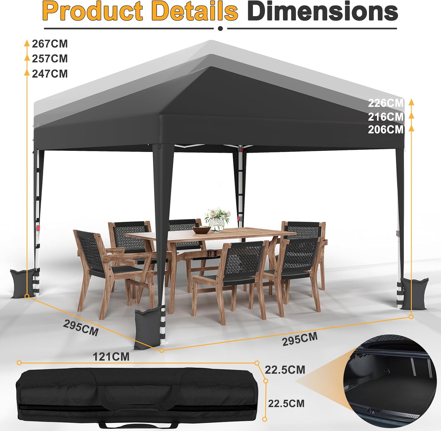 JUMMICO - tonnelle pliante - 3x3m - réglable, anti-UV, imperméable