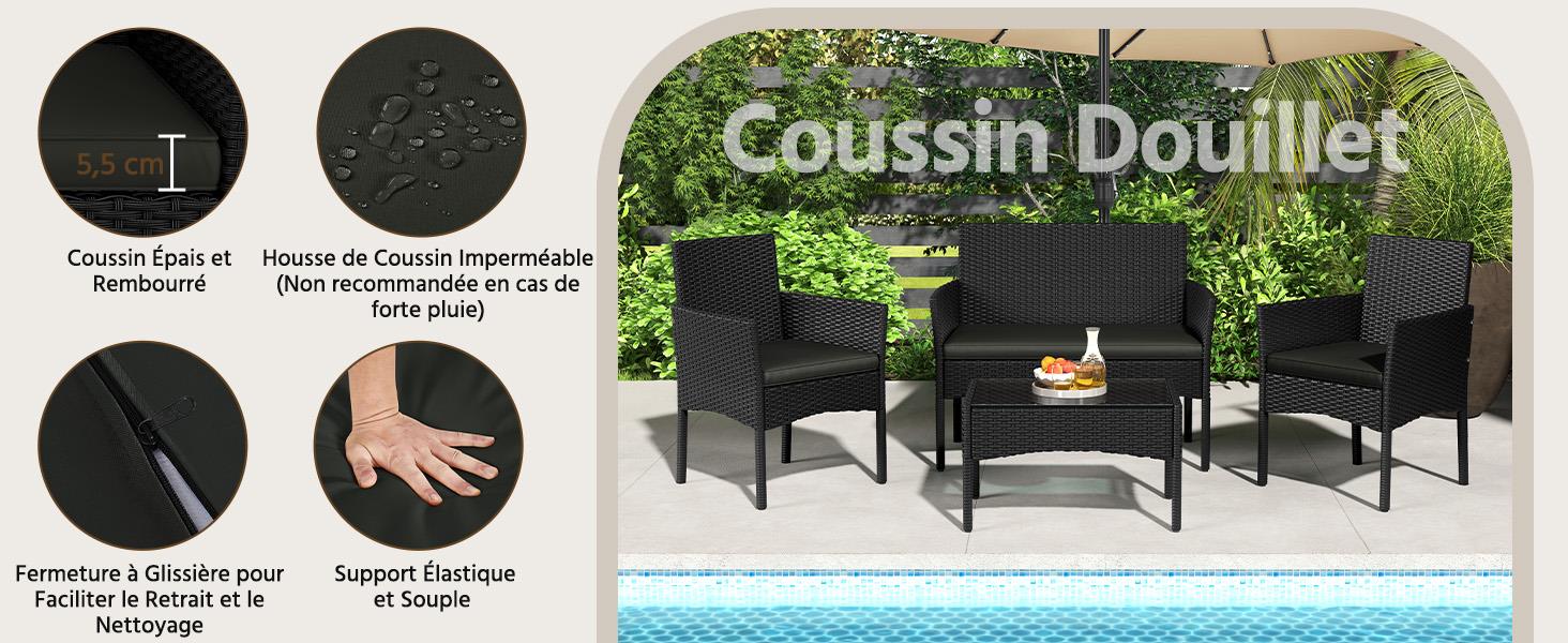 Le texte indique « Coussin Douillet ». Ensemble de mobilier d'extérieur comprenant des chaises et une table de couleur foncée, avec les caractéristiques du produit présentées dans des images détaillées circulaires.