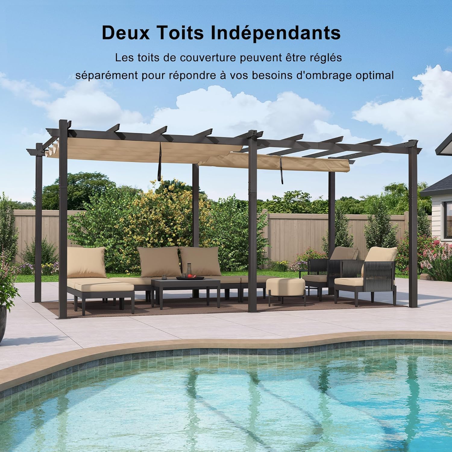 PURPLE LEAF - pergola aluminium 5,5x3,5m toit rétractable LED kaki