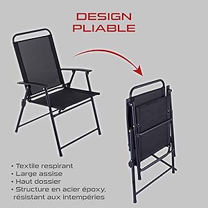avec assise et dossier en textile noir. Dispose d'un dossier haut, d'accoudoirs et d'un cadre en acier revêtu d'époxy. L'image montre les positions ouverte et pliée.