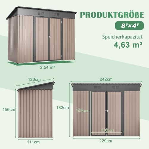 Abri de jardin métal marron 242x126x182cm toit incliné, verrouillable