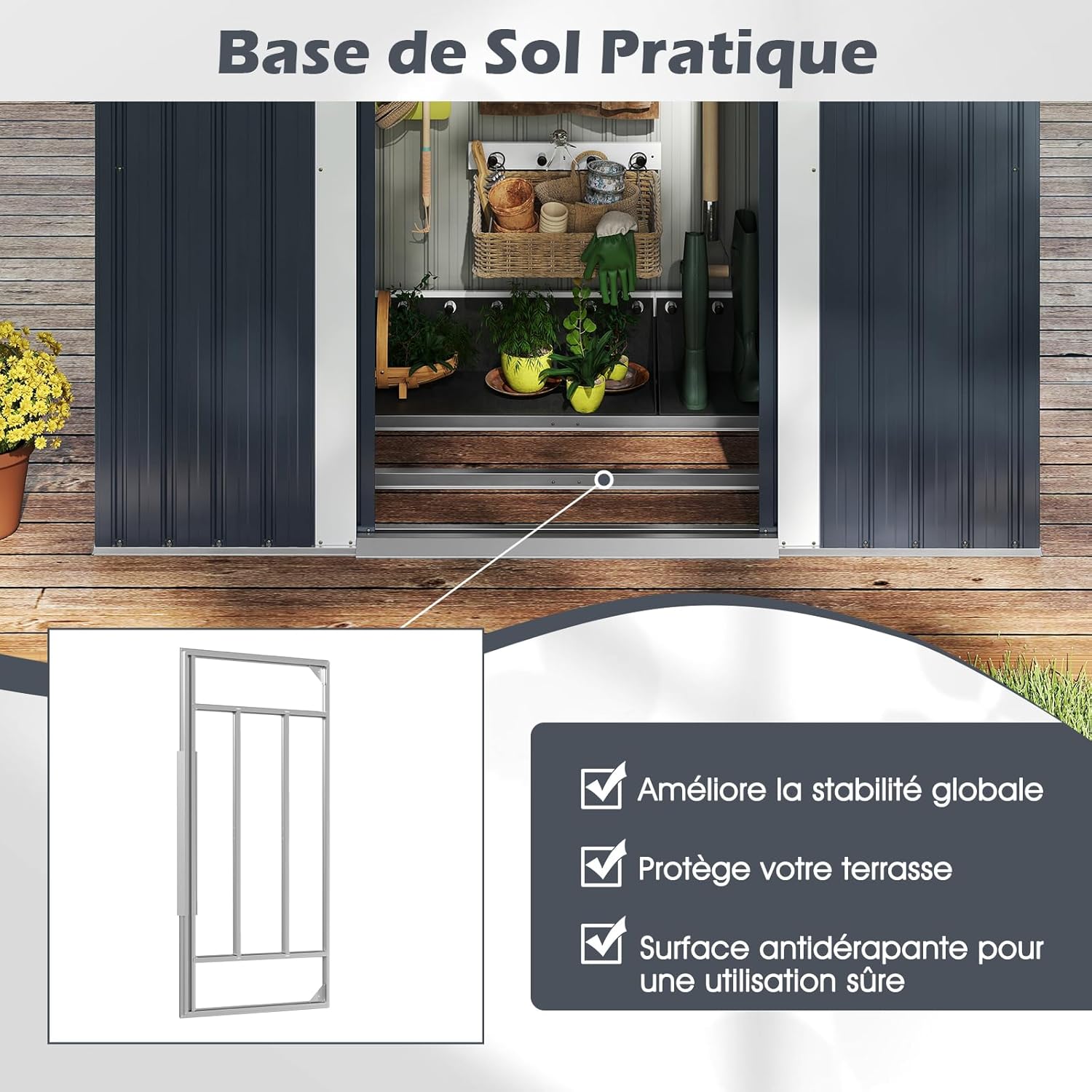 COSTWAY - Abri de Jardin métal - 2 m² - Porte coulissante, toit incliné, 4 aérations, fondation