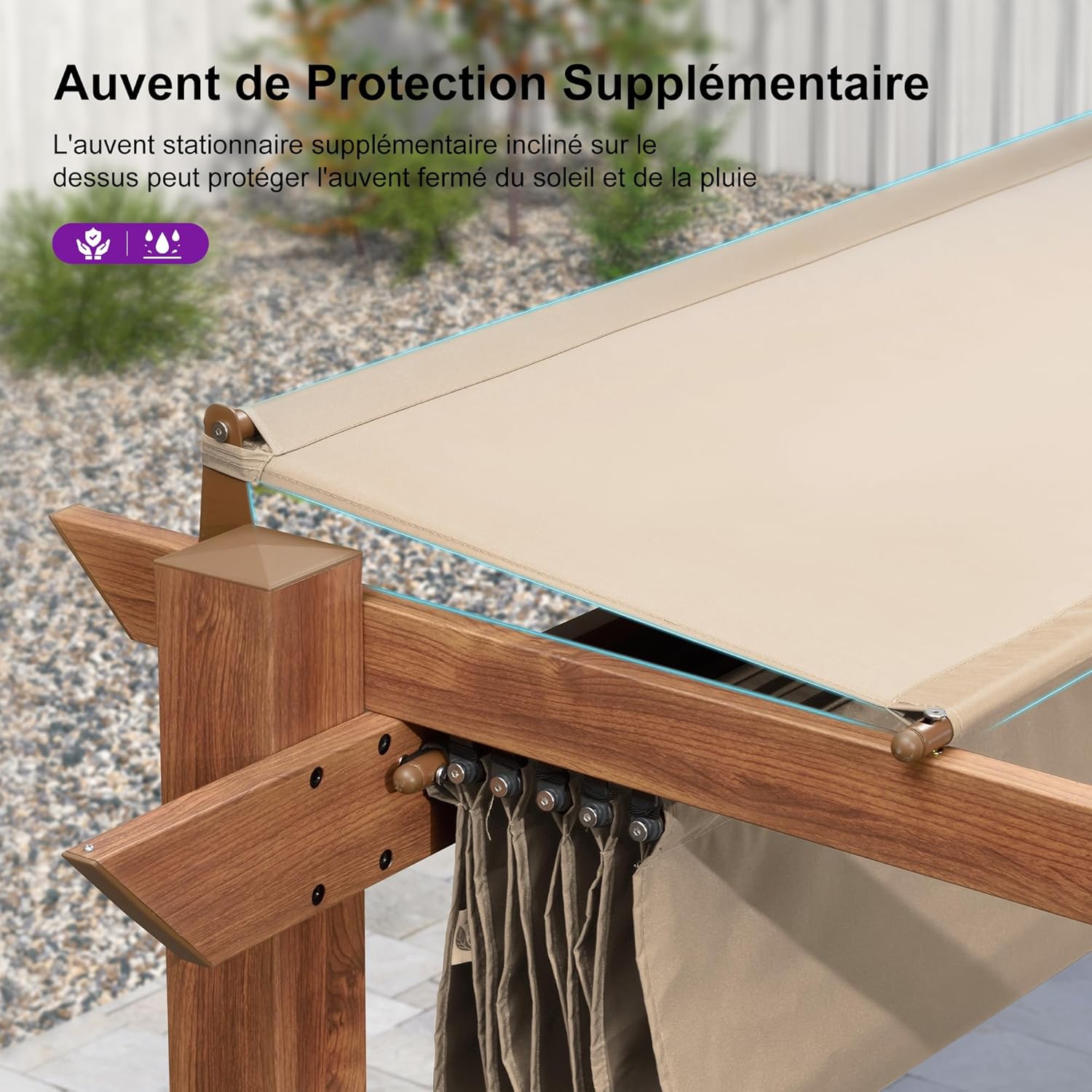 PURPLE LEAF - pergola aluminium 4x3m teck, toile rétractable, kaki