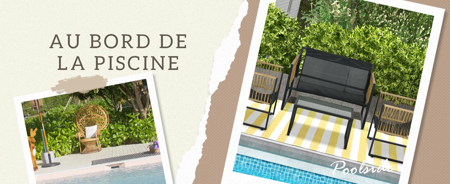 Collage de scènes au bord de la piscine : la gauche montre le bord de la piscine avec des plantes, la droite montre du mobilier d'extérieur foncé sur un tapis à rayures jaunes près de la piscine. Le texte se lit comme suit : « Au bord de la piscine ».