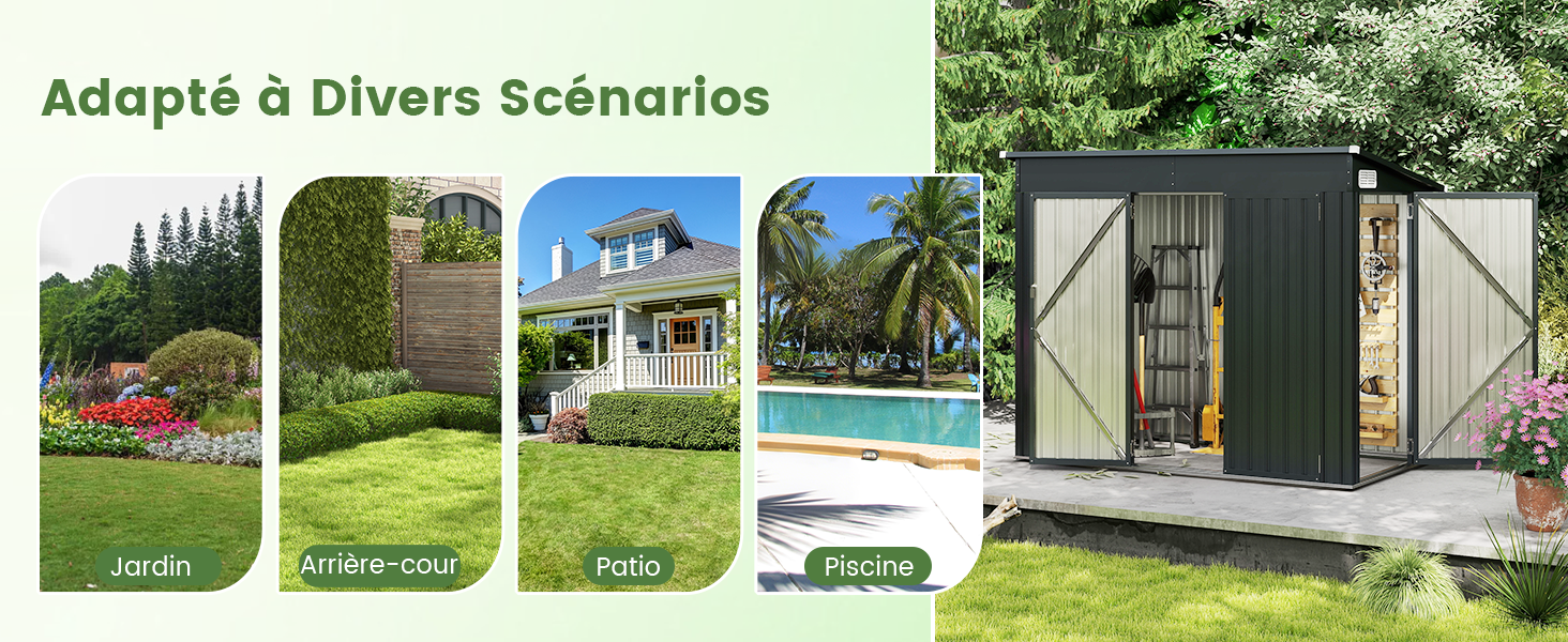 Série de scènes de jardins extérieurs montrant des éléments d'aménagement paysager et des caractéristiques structurelles. Plusieurs panneaux illustrant différentes configurations de chantier et différents scénarios de conception.