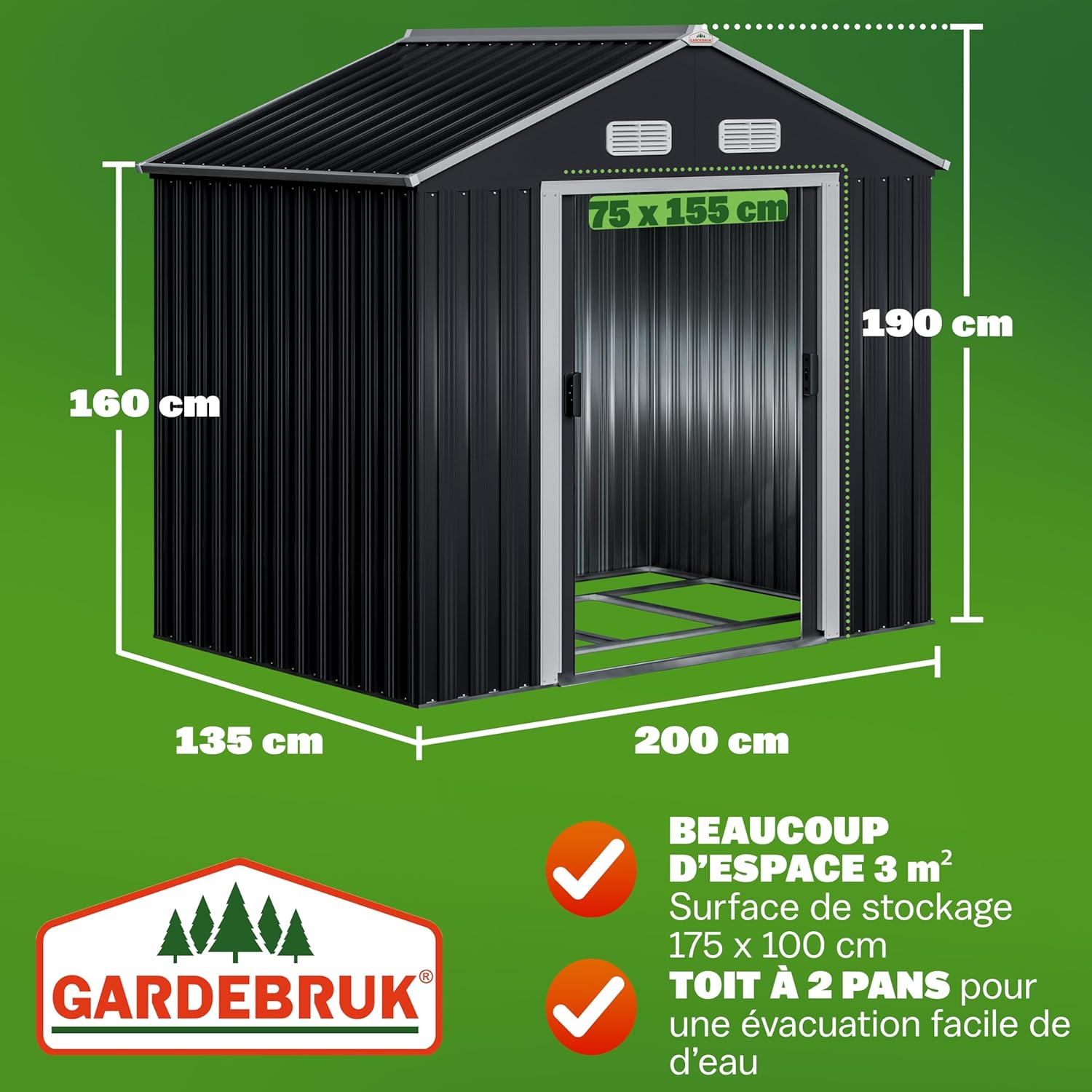 Abri de jardin XL 2m², 200x135x190cm, porte coulissante, anthracite