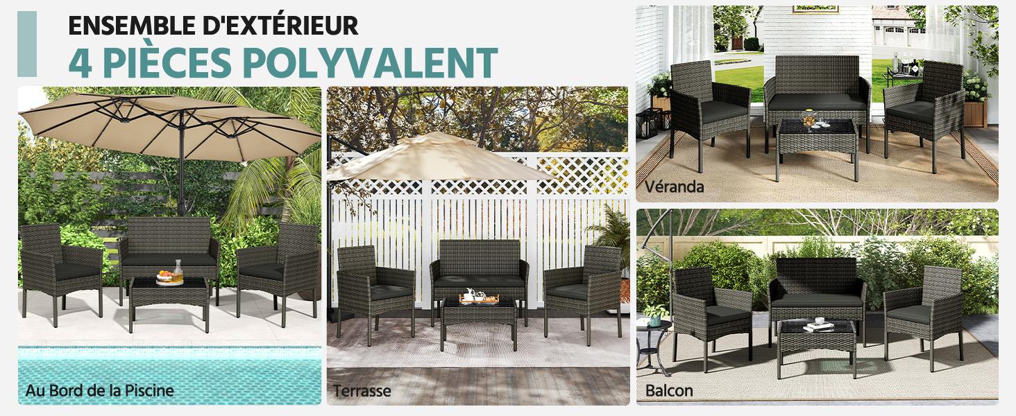 Le texte indique « ENSEMBLE D'EXTÉRIEUR » (« Ensemble d'extérieur »). Plusieurs photos d'ensembles de meubles de patio extérieur, y compris des chaises et des tables dans divers arrangements.