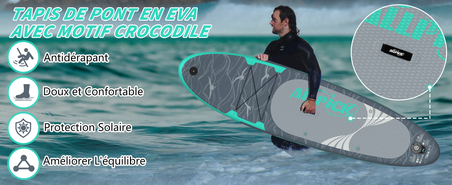 avec coussin de terrasse en EVA à motif crocodile. Les caractéristiques incluent une surface antidérapante, un confort, une protection solaire et une amélioration de l'équilibre. Personne transportant une planche près de l'océan.