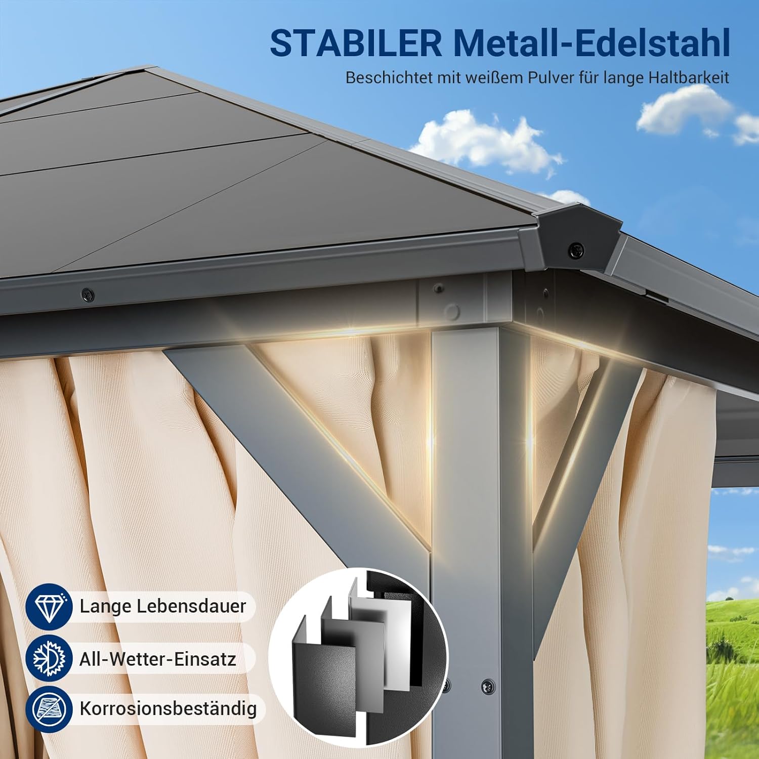 UDPATIO - tonnelle imperméable 3x4m avec rideaux, toit UV - Beige