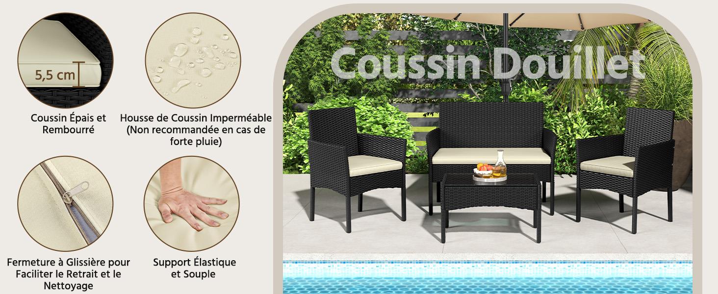 Le texte indique « Coussin Douillet ». Collection de photos de mobilier d'extérieur montrant des ensembles de patio rembourrés et des arrangements de sièges mettant en valeur les caractéristiques de confort.