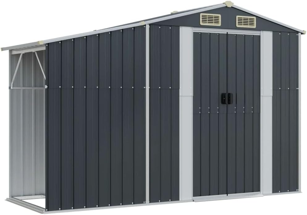 Abri de jardin en acier galvanisé avec toit incliné et trémie à charbon, finition anthracite durable, 277 x 279 x 179 cm