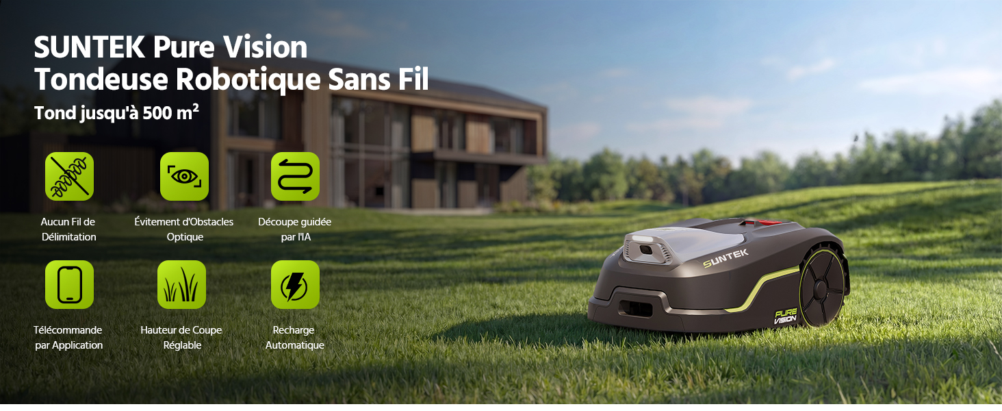 Le texte indique « SUNTEK Pure Vision Tondeuse Robotique Sans Fil » et « Tond Jusqu'à 300 m² ». Tondeuse à gazon robotique montrée sur l'herbe avec un fond de maison et de paysage, avec des icônes de fonctionnalités ci-dessous.