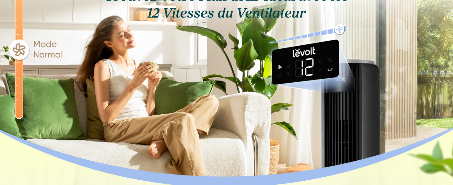 Le texte indique « 12 Vitesses du Tempéreur » en haut. Scène d'intérieur montrant une femme avec un enfant près d'un appareil d'affichage numérique de la température, des plantes et un intérieur de maison avec une superposition graphique d'eau bleue.