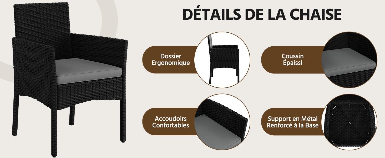 Le texte indique « DÉTAILS DE LA CHAISE ». Schéma montrant les caractéristiques d'une chaise de salle à manger noire avec des légendes circulaires mettant en évidence des éléments de design et des matériaux spécifiques.