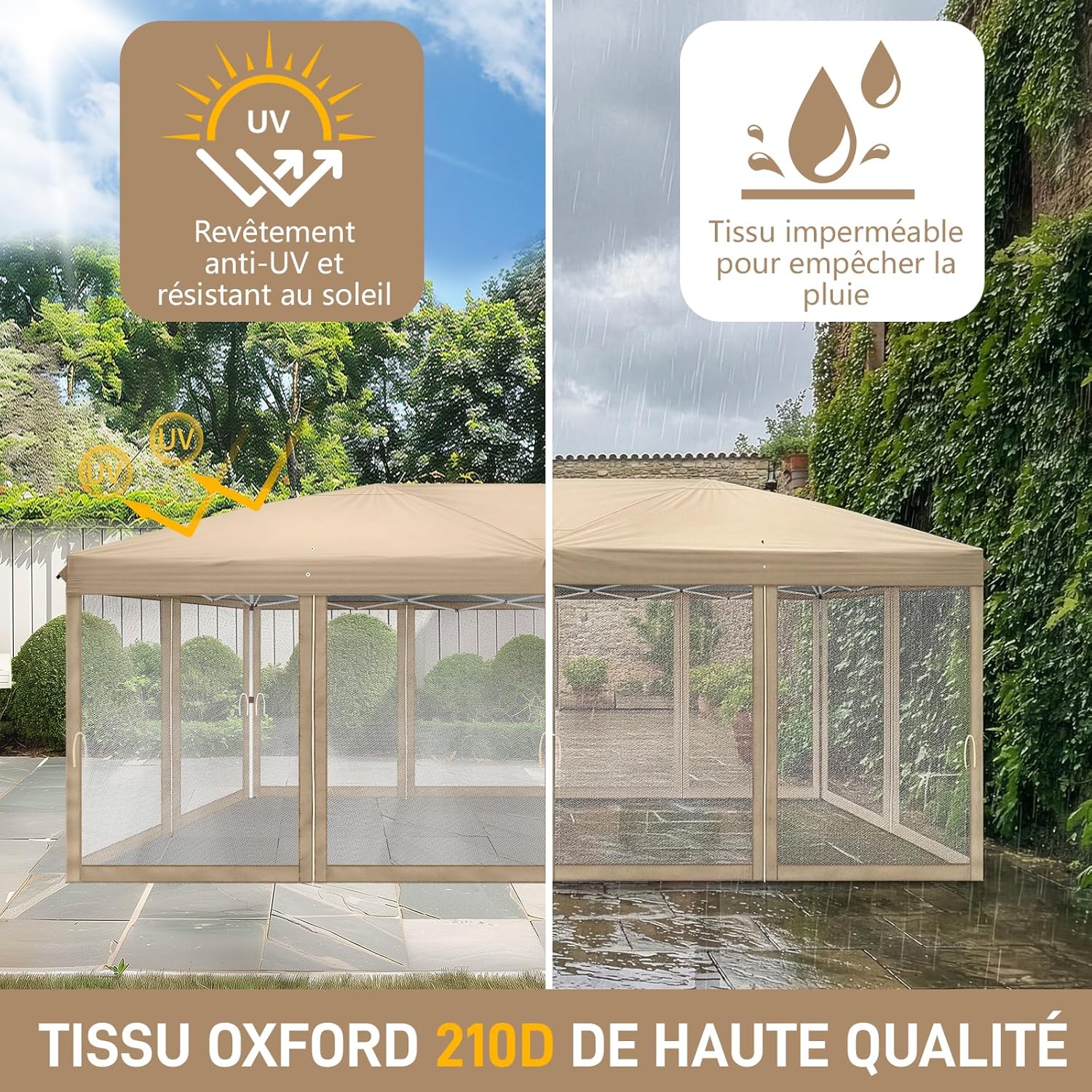 LEADZM - tonnelle pliable 3x6m - imperméable, anti-UV, hauteur réglable, moustiquaires