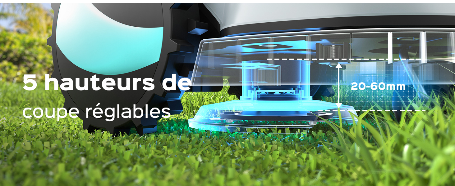 Le texte indique « 5 hauteurs de coupe réglables ». Scène extérieure montrant du matériel d'entretien de pelouse de couleur turquoise sur l'herbe.