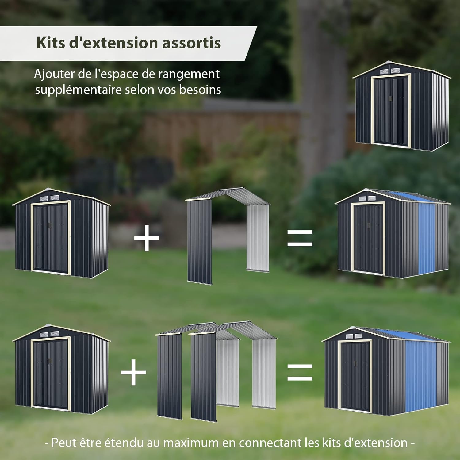 COSTWAY Abri de Jardin en Métal + 1 Kit d'Extension, avec 2 Portes Coulissantes Verrouillables, 4 Trous d’Aération, Toit Penché, Gris pour Vélo, Poubelle (213,5 x 191 x 194,5cm)