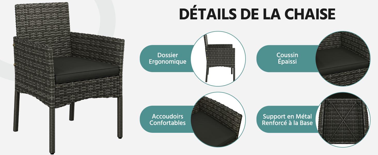 Le texte indique « DÉTAILS DE LA CHAISE ». Schéma du produit montrant une chaise d'extérieur de style osier avec de multiples légendes détaillées mettant en évidence les caractéristiques de construction et des matériaux.