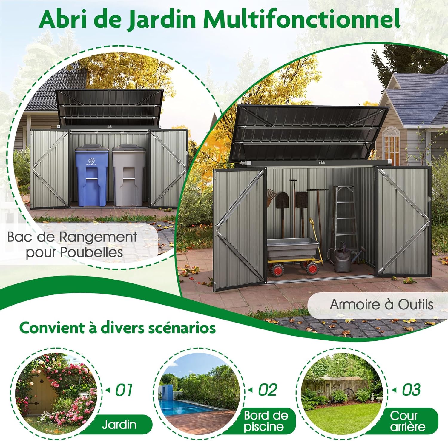 COSTWAY - Abri de Jardin métal - 1,5 m² - 2 portes, toit ouvrant, verrouillable, étanche