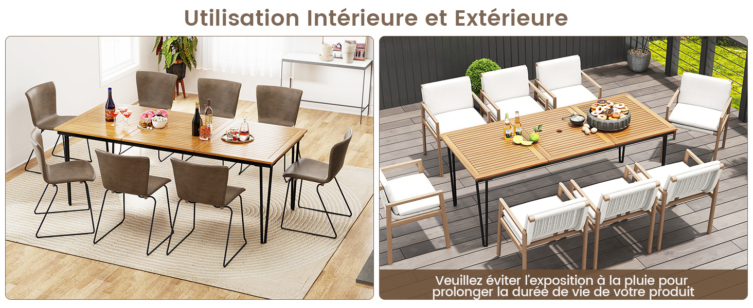 Le texte se lit comme suit : « Utilisation intérieure et extérieure ». Vues multiples d'un ensemble de salle à manger en bois présentant des options de placement polyvalentes à l'intérieur et à l'extérieur.