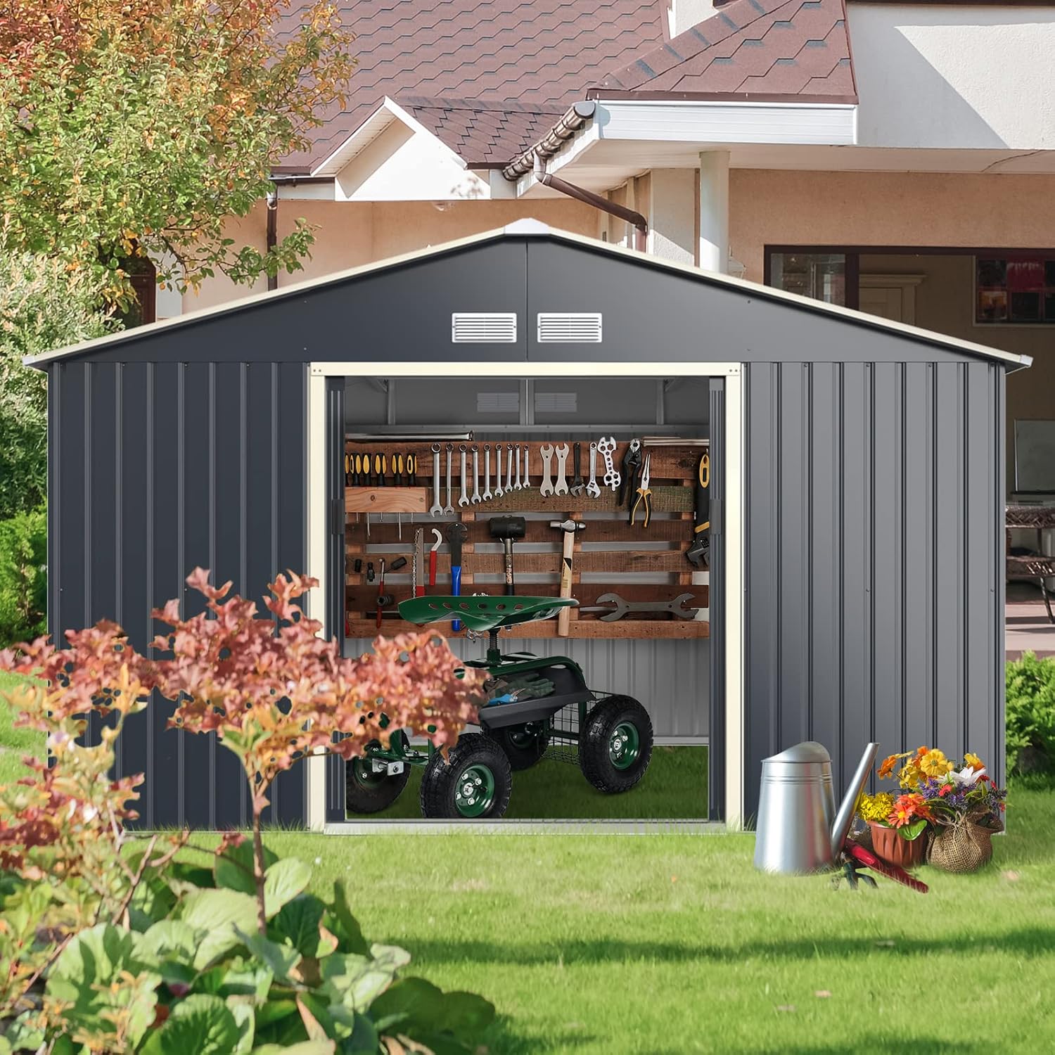 GOPLUS - abri jardin métal galvanisé 330x255x210cm - portes coulissantes, résistant intempéries