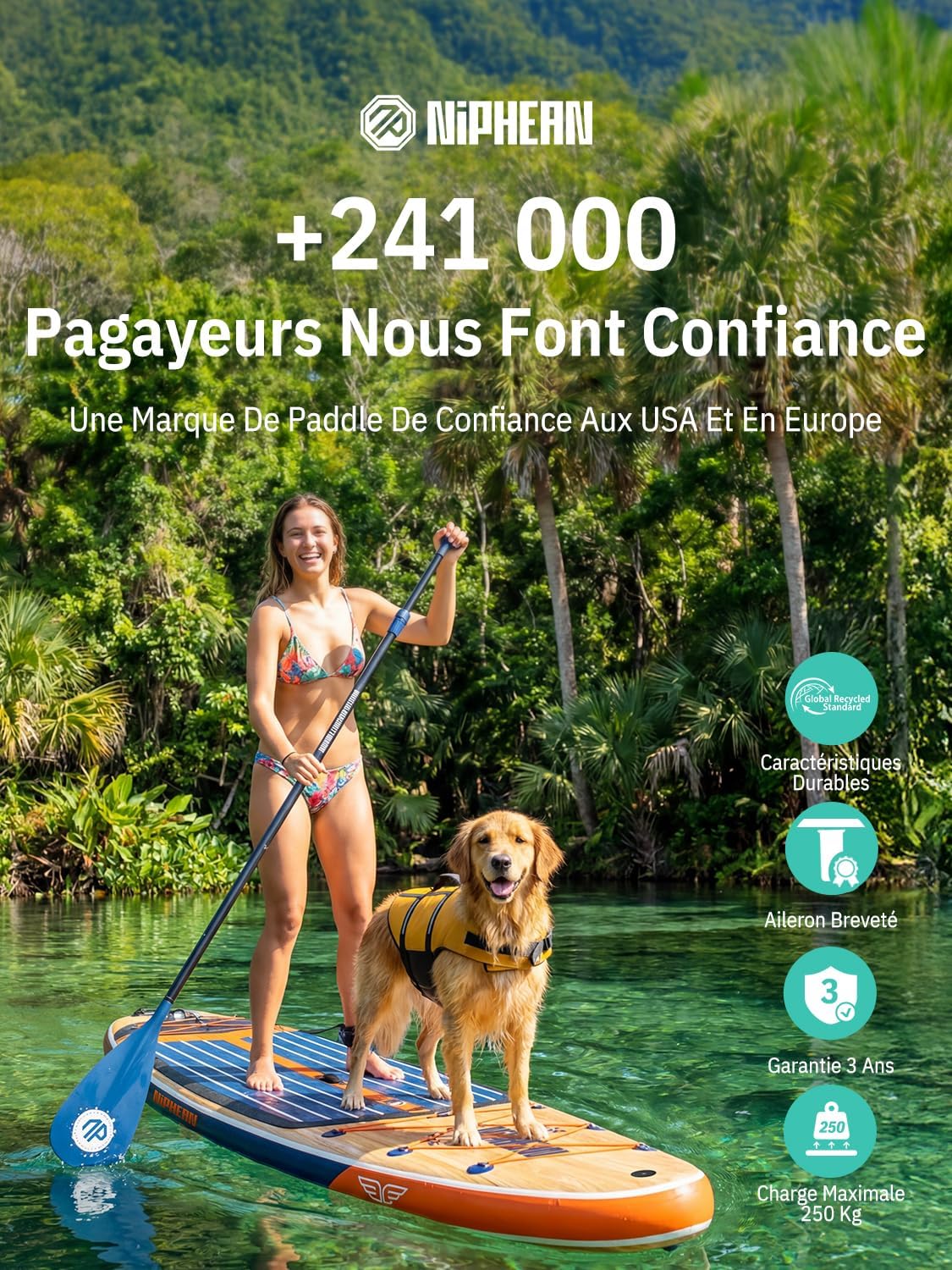 Niphean Extra Large Paddle Gonflable, Sup à 2+1 Personnes/Famille, Planches de Stand Up Paddle Gonflables avec (Idéal Débutant) Aileron Équilibré, Housse Étanche, Paddle Gonflable Adulte, Cadeaux