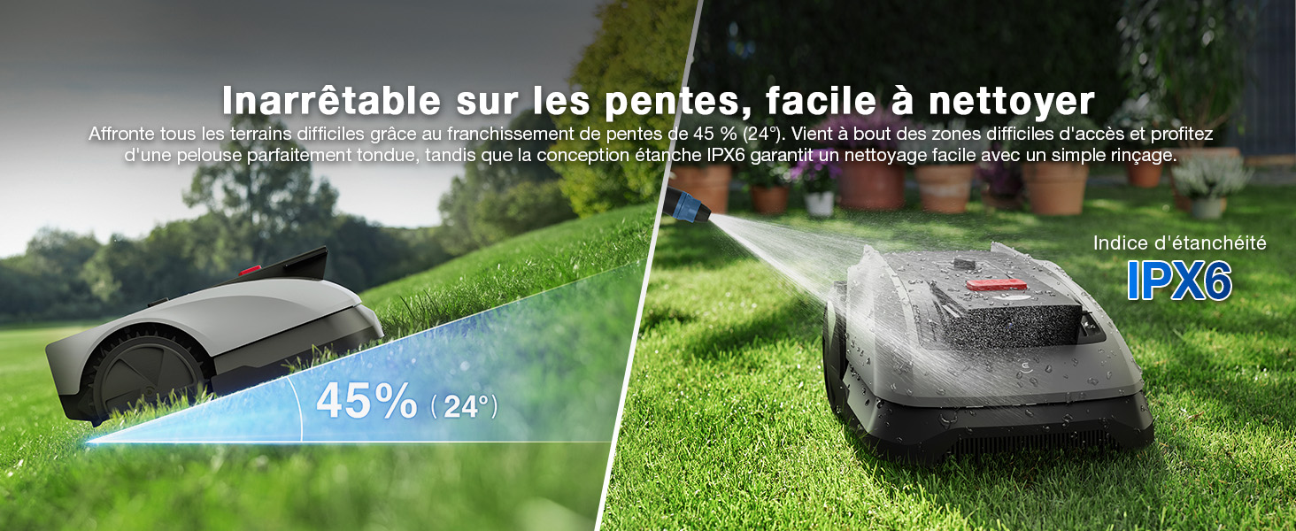 Le texte indique « Incrétable sur les pentes, facile à nettoyer », « 45 % ». Série d'images montrant une tondeuse à gazon robotisée opérant sur des pentes gazonnées et en train d'être nettoyée.
