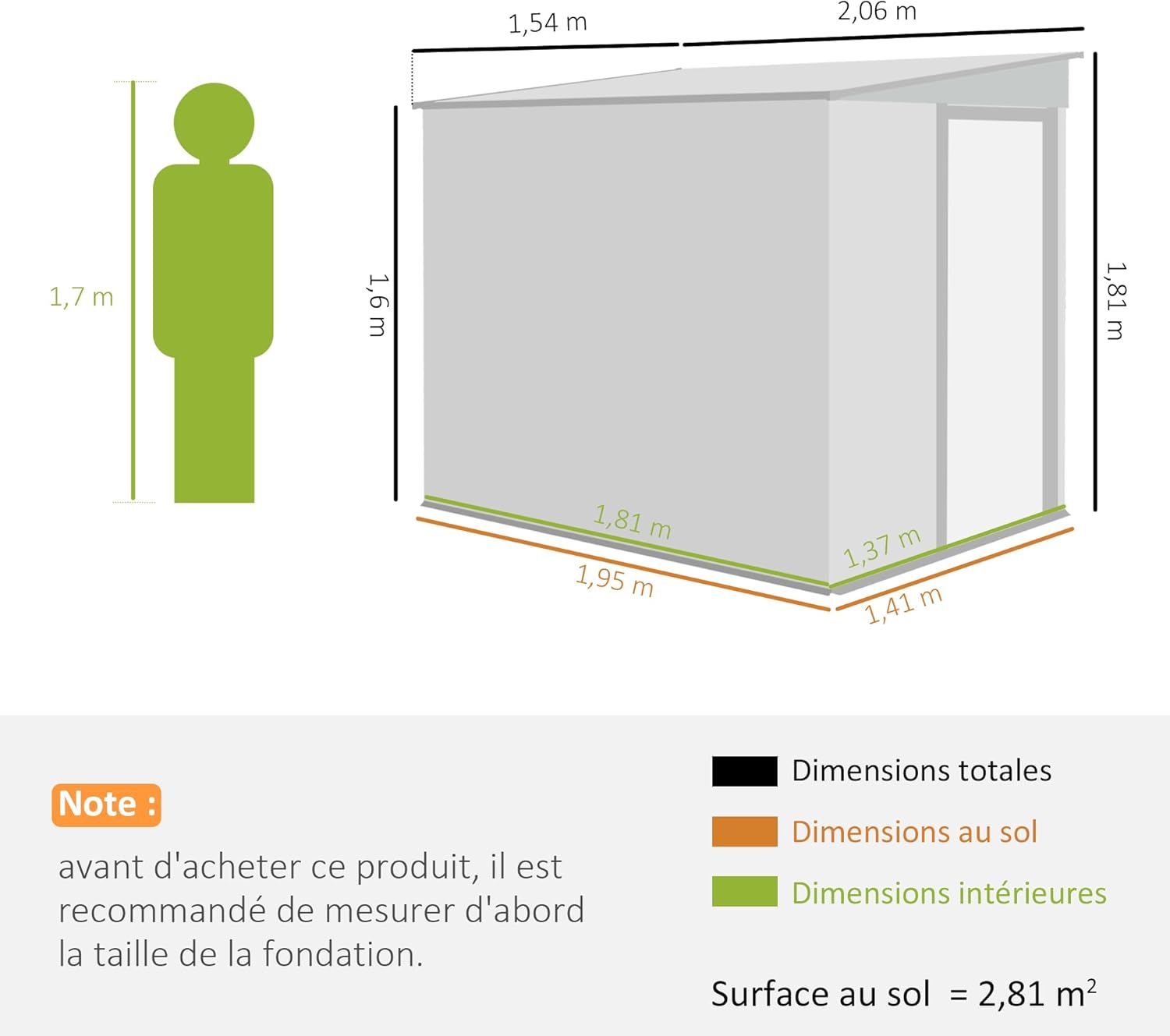 abri de jardin métal série fondation - 154x206,5x181 cm - toit incliné, 2 étagères, gris