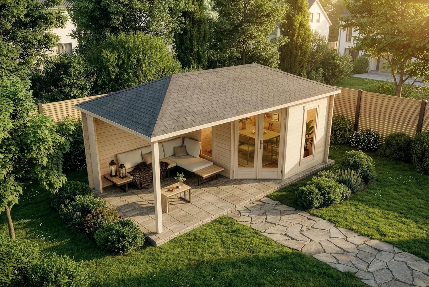 Abri de Jardin pentagonal Liwa en Bois de la Marque Alpholz | abri de Jardin et de Loisirs | Chalet de Jardin | pentagonale, Construction en madriers, cabane de Jardin, Toit en croupe, épaisseur de