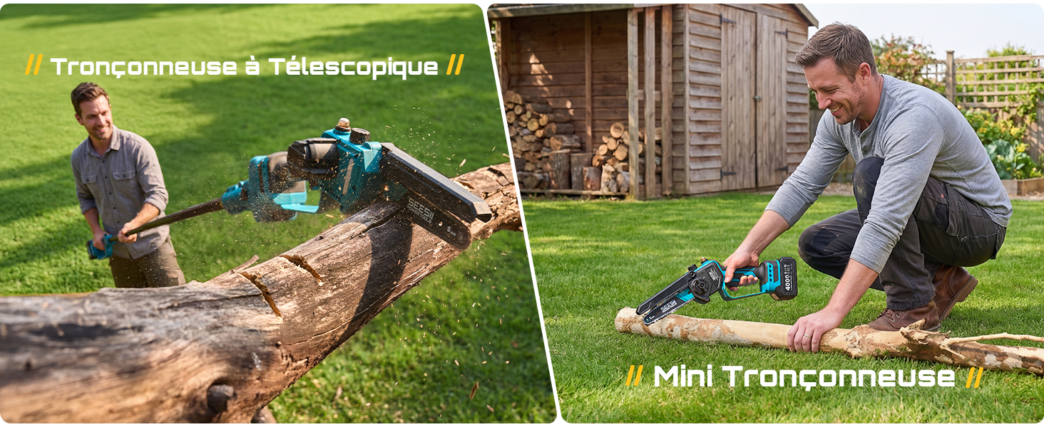 Le texte se lit comme suit : «//Tronçonneuse & Télescoptique//» et «//Mini Tronçonneuse ». Deux panneaux montrant des personnes utilisant du matériel de jardinage sur de l'herbe et des rondins de bois.