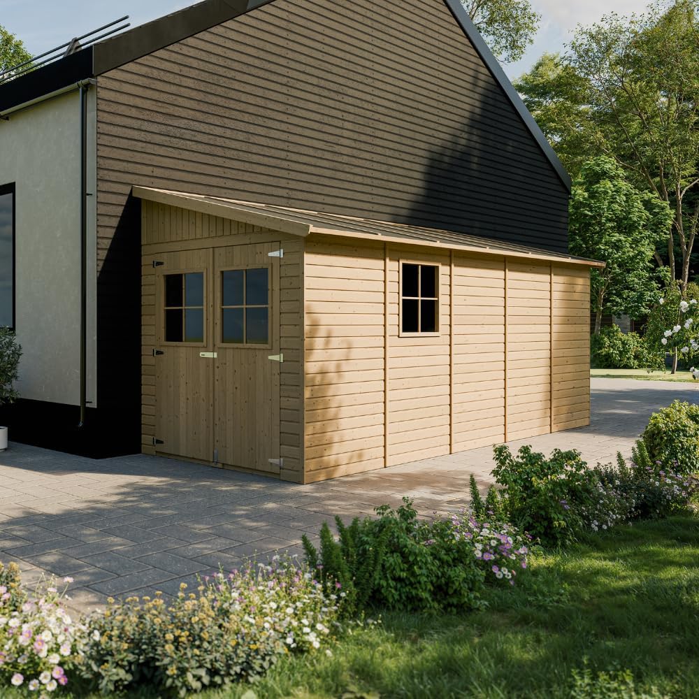Timbela - Abri de jardin bois avec fenêtres, plancher, 10 m², H244x216x513 cm - M341+M341G