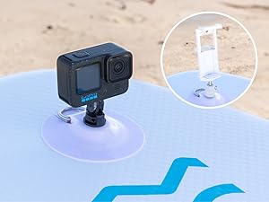Image divisée montrant une caméra GoPro montée sur un support à ventouse transparent, le support étant illustré séparément dans un encart circulaire.