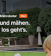 Le texte se lit comme suit : « Mähroboter Neu » et « und mähen. los geht's ». Aménagement de jardin ou de pelouse avec mobilier d'extérieur visible.