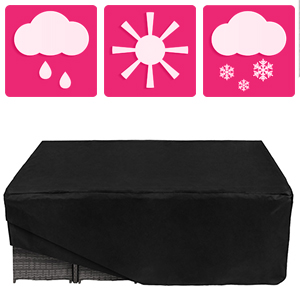Trois icônes météorologiques roses au-dessus d'un grand objet rectangulaire noir, peut-être une housse ou un étui de protection.