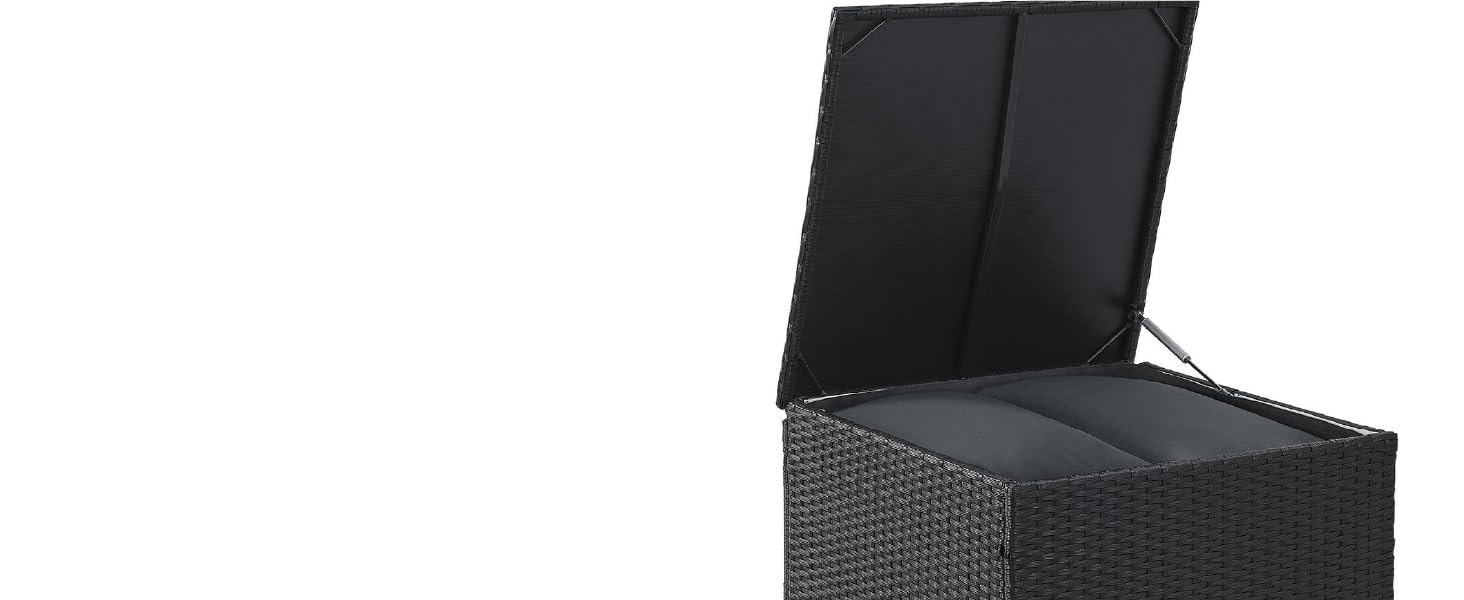 Boîte de rangement ou pouf en osier noir ouvert avec couvercle à charnière, montrant un intérieur vide sur fond blanc
