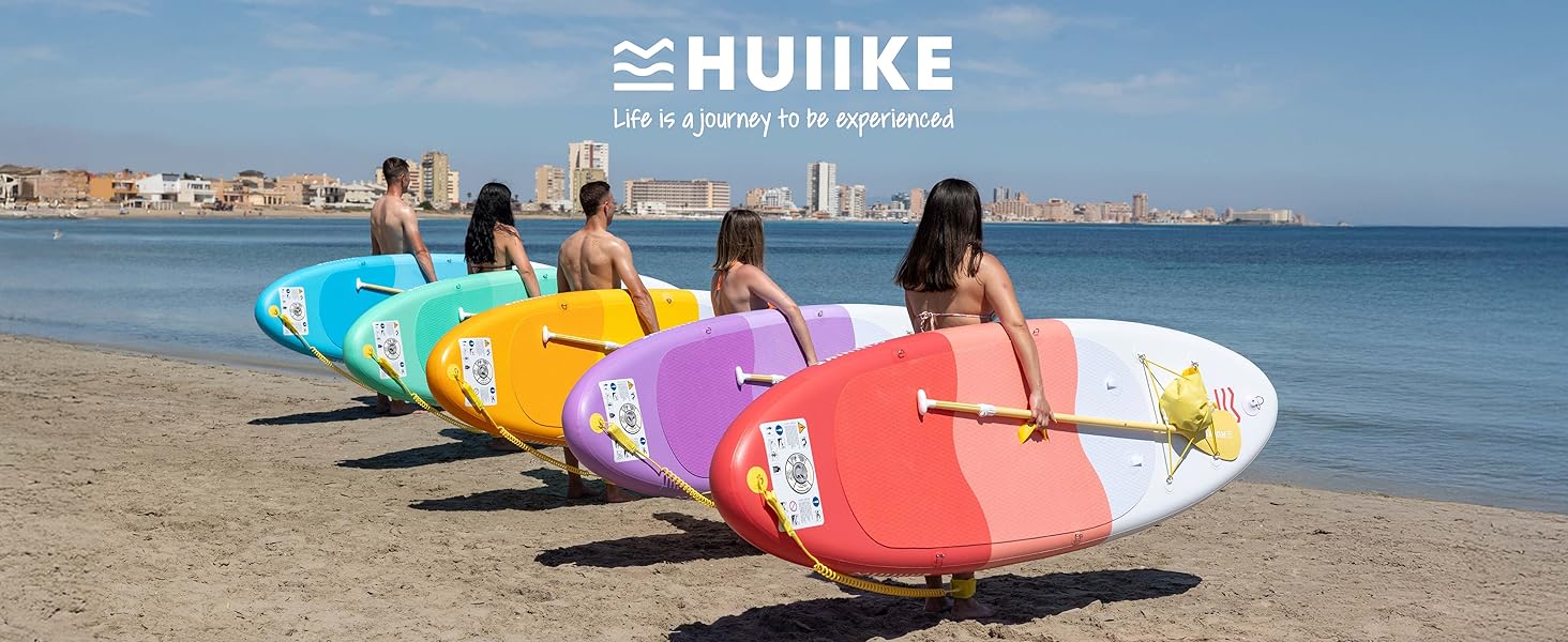 Le texte indique « HUIJIKE ». Série d'images montrant des équipements aquatiques gonflables colorés sur une plage avec fond d'océan.