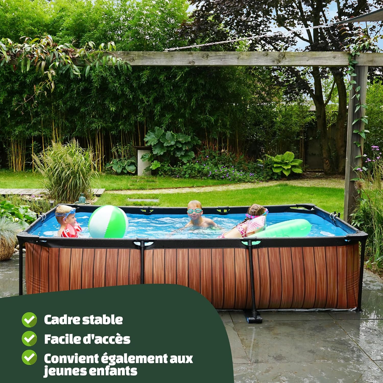 EXIT Toys Piscine en Bois - 220 x 150 x 65 cm - Rectangulaire et compacte - avec Pompe à Filtre à Cartouche - Facile d'accès - Convient pour Les Tout-Petits - Cadre Solide - Design Unique - Marron