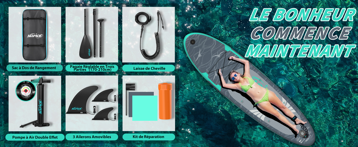 une femme est allongée sur une planche de surf dans l'eau