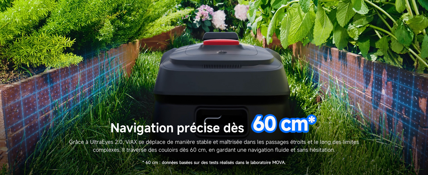 Le texte indique « Navigation précise dès 60 cm ». Série d'images extérieures montrant le système de navigation d'une tondeuse à gazon robotisée, avec des marqueurs de distance et des indicateurs de trajectoire.