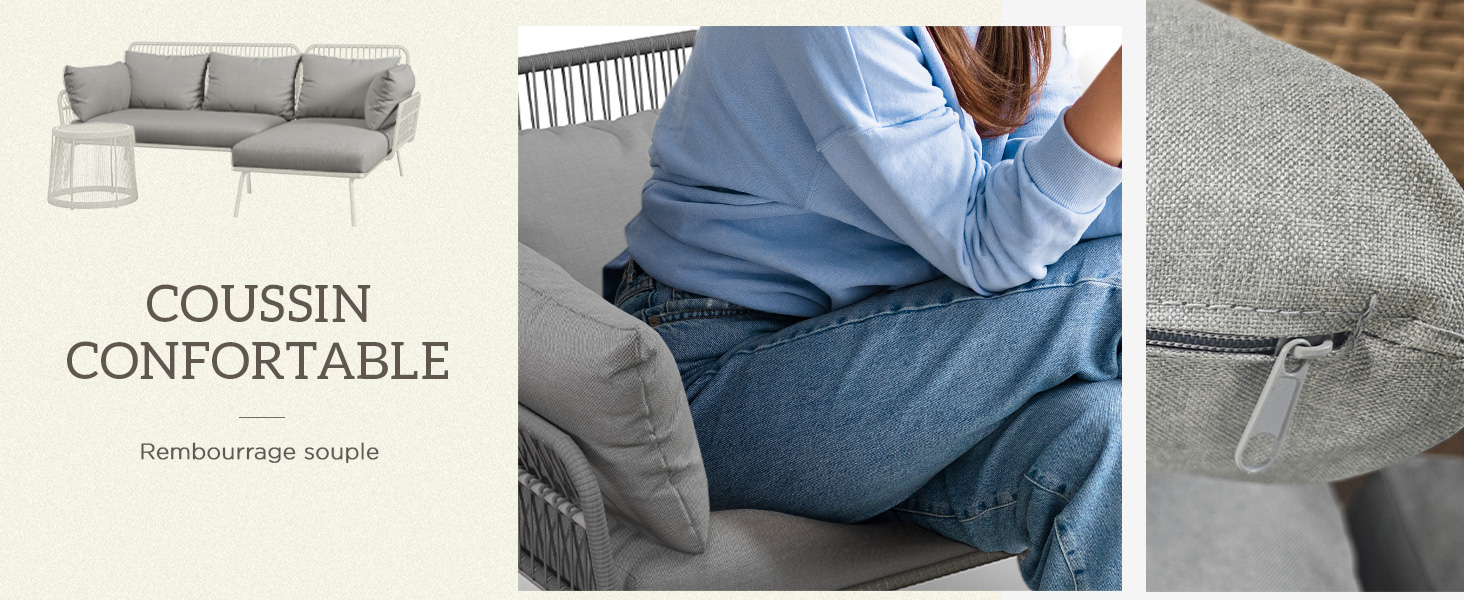 montrant la configuration du canapé gris en L, les détails de la texture du tissu et des images marketing axées sur le confort