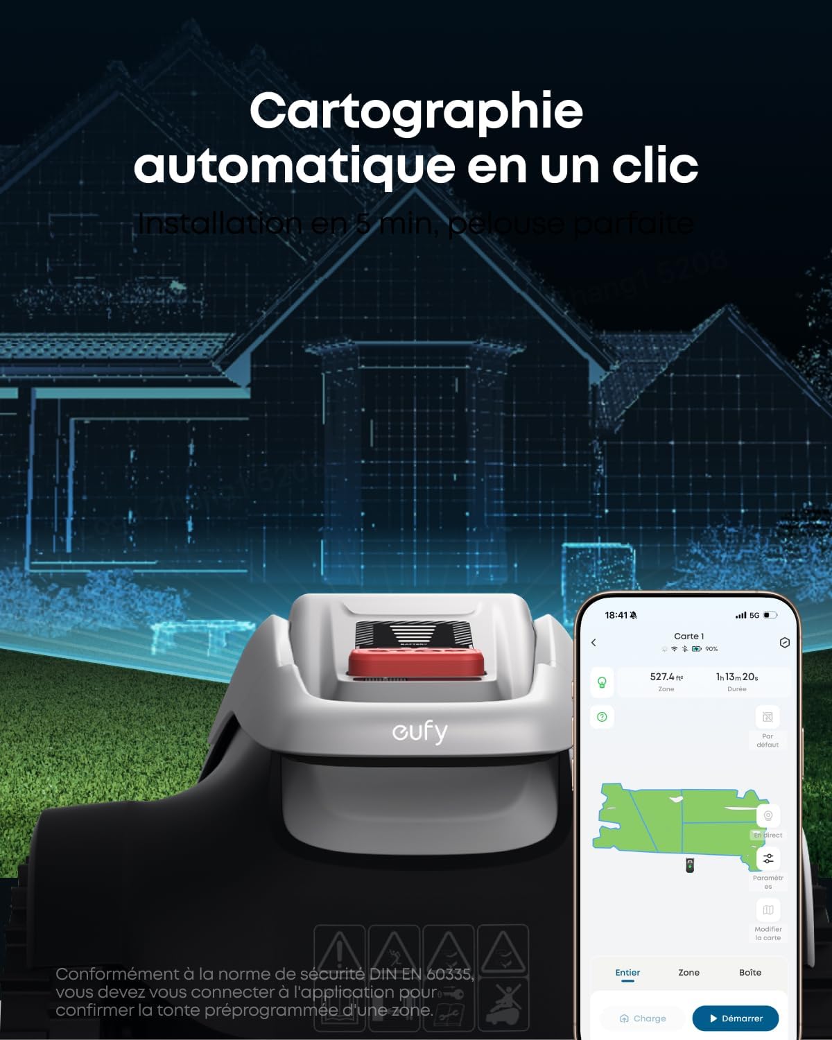 eufy - E15 Robot Tondeuse - 800 m² - sans fil, cartographie smart, contourne obstacles, installation rapide, E15