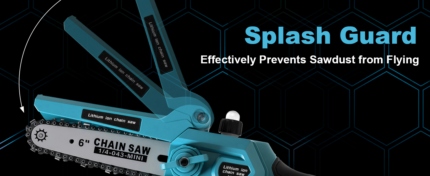 Le texte indique « Splash Guard » et « Empêche efficacement la sciure de voler ». Image rapprochée d'une tronçonneuse dotée d'un dispositif de protection de couleur bleu sarcelle.