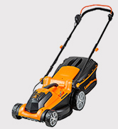 Tondeuse à gazon électrique orange et noire présentée sous différents angles, dotée d'un design moderne avec plateau de coupe.