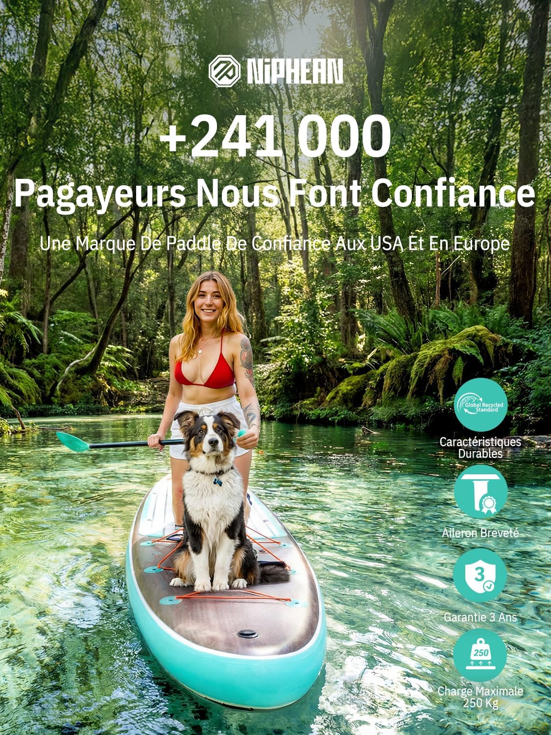 Niphean Extra Large Paddle Gonflable, Sup à 2+1 Personnes/Famille, Planches de Stand Up Paddle Gonflables avec (Idéal Débutant) Aileron Équilibré, Housse Étanche, Paddle Gonflable Adulte, Cadeaux