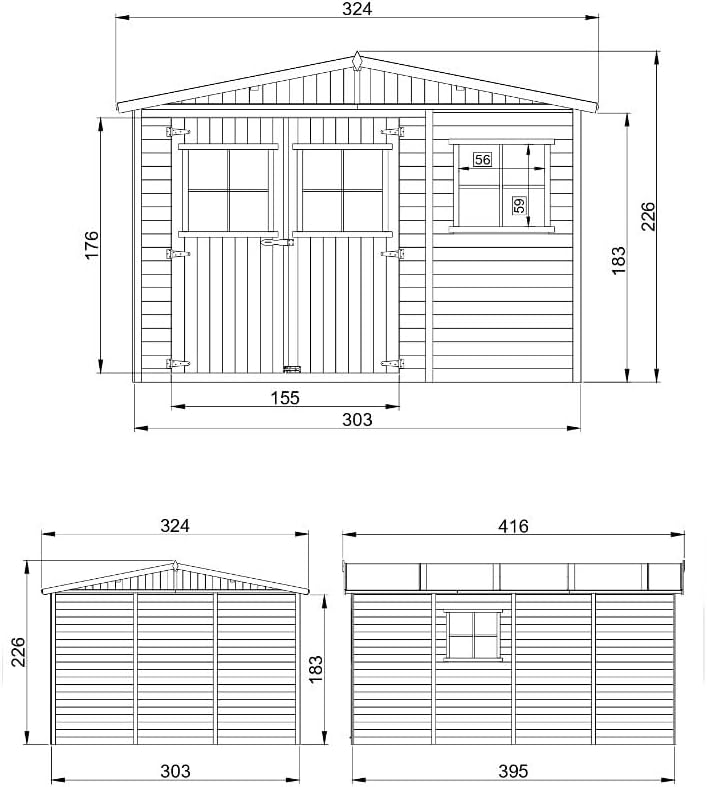 Timbela - Abri de jardin série M336 - 12m², bois naturel, fenêtres, H226x324x416cm - M336